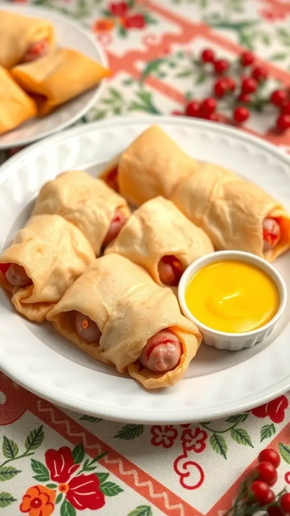 A plate of pigs in a blanket with a side of yellow dipping sauce.
