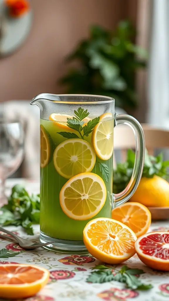 A pitcher of green sangria with citrus fruits, surrounded by sliced oranges and lemons.