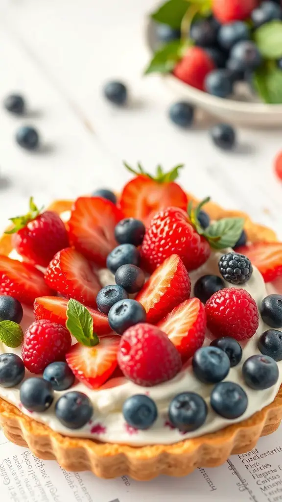 A fruit tart topped with strawberries, blueberries, and raspberries on a white surface.