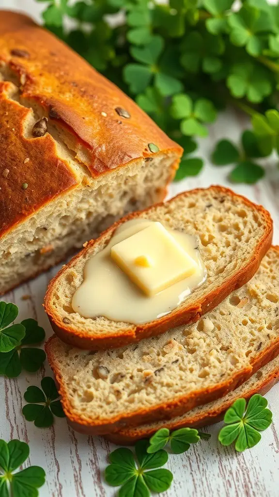 Sliced Irish soda bread with butter on top, surrounded by clovers.
