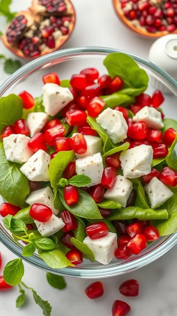 A vibrant salad with pomegranate seeds, goat cheese, and leafy greens in a glass bowl.