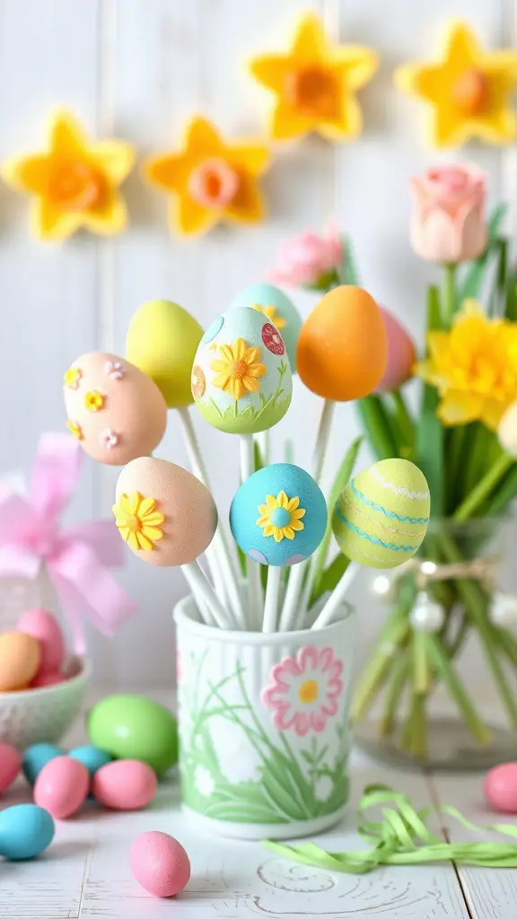 Colorful Easter egg cake pops in a decorative cup with pastel candy eggs and flowers in the background.