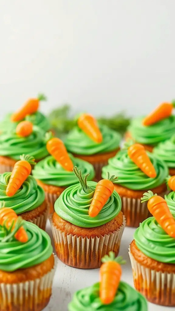 Colorful Carrot Patch Cupcakes with green frosting and orange carrot toppers