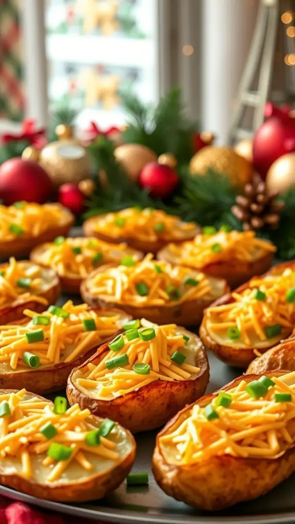 Crispy baked potato skins topped with cheddar cheese and green onions, arranged on a festive table.