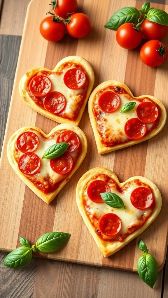 Heart-shaped mini pizzas with pepperoni and basil on a wooden cutting board