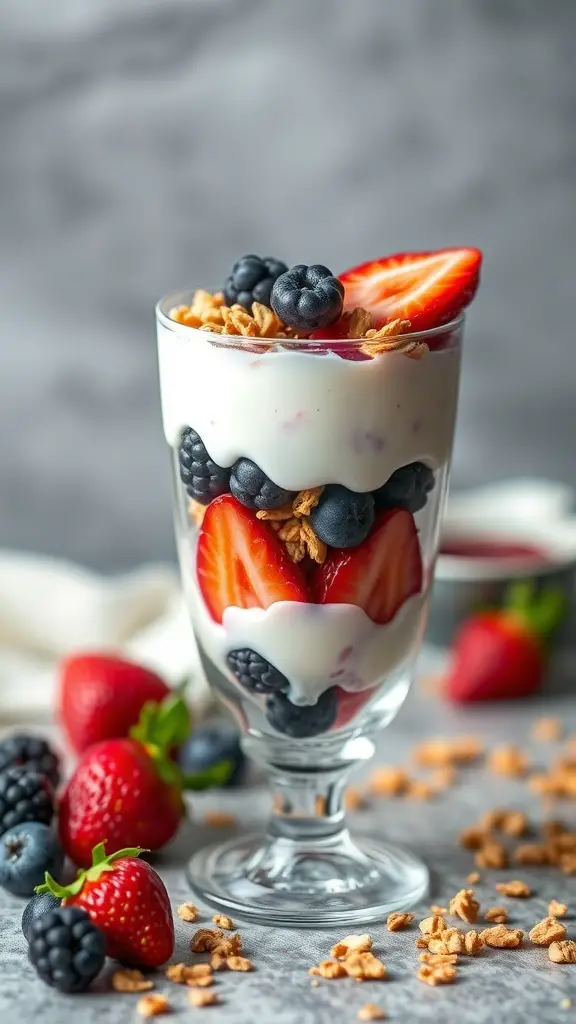 A glass of Greek yogurt parfait layered with strawberries, blueberries, and granola.