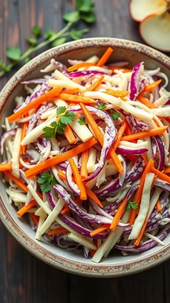 A bowl of colorful cabbage and apple slaw with carrots, garnished with parsley.