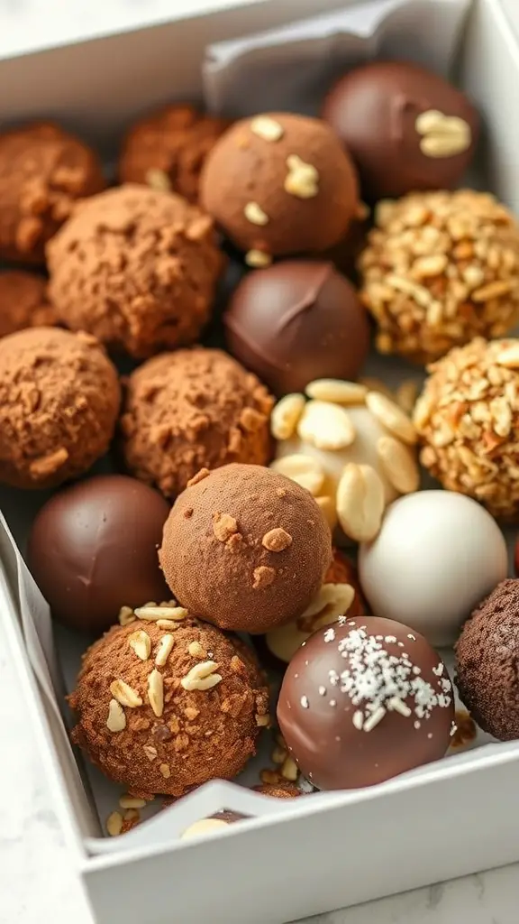 A box of assorted homemade chocolate truffles, featuring different coatings and toppings.