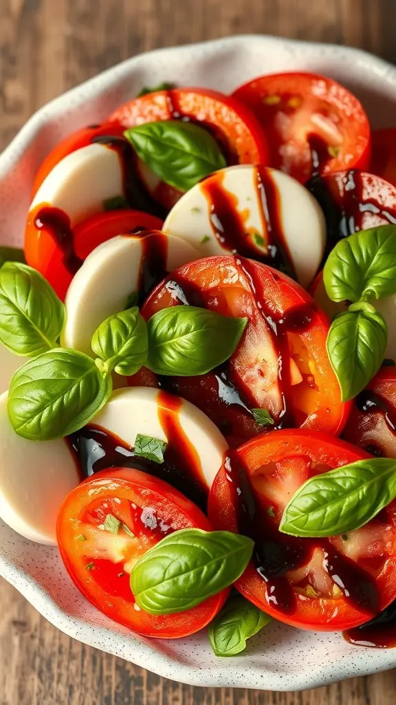 A plate of herbed tomato and mozzarella salad with fresh basil and balsamic glaze.