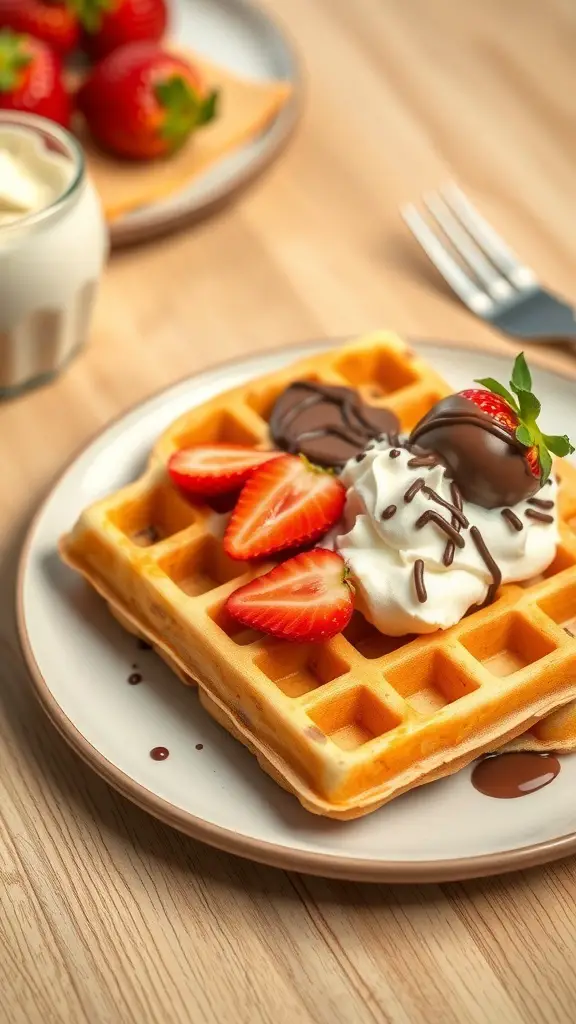 A plate of chocolate-covered strawberry waffles topped with whipped cream and fresh strawberries.