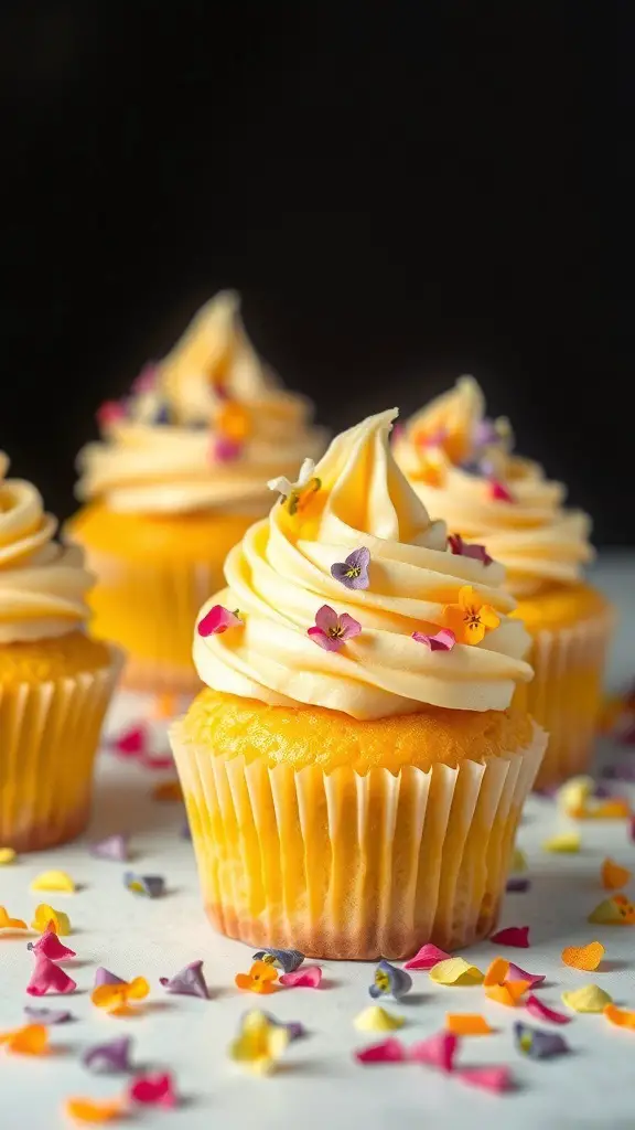Bright yellow cupcakes with swirls of frosting and colorful edible flower sprinkles