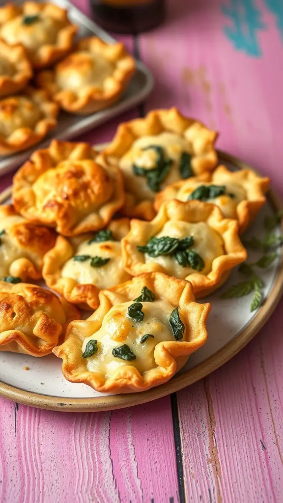 A plate of mini spinach and cheese pastries on a colorful table
