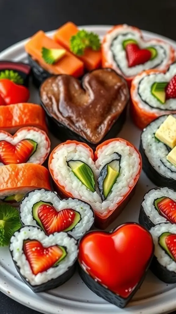 A plate of heart-shaped sushi rolls with various fillings and garnishes.
