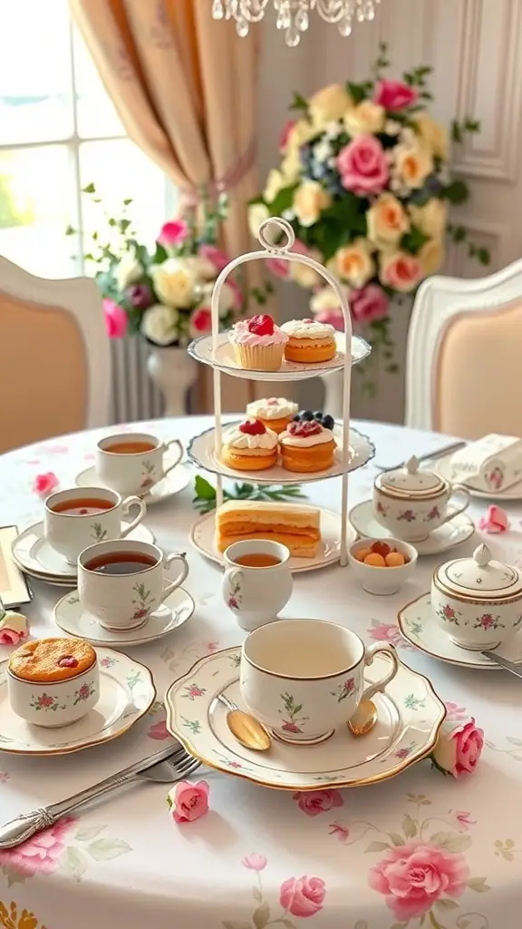 A beautifully arranged high tea setup with fine china, a tiered cake stand, and fresh flowers.