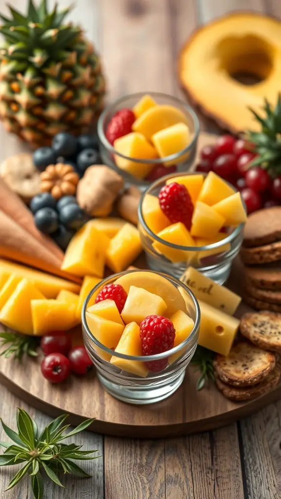 Colorful fruit cups with mango and raspberries on a charcuterie board
