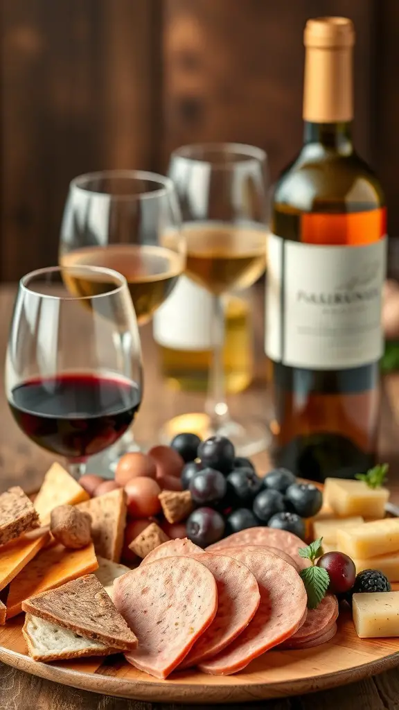 A charcuterie board featuring meats, cheeses, fruits, and a selection of wines.