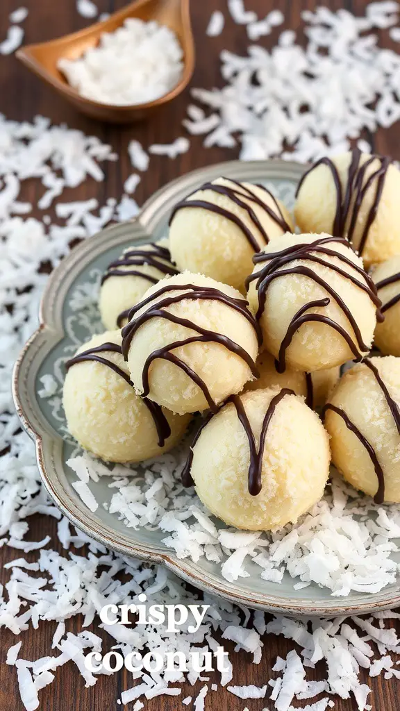Coconut macaroons drizzled with chocolate on a decorative plate