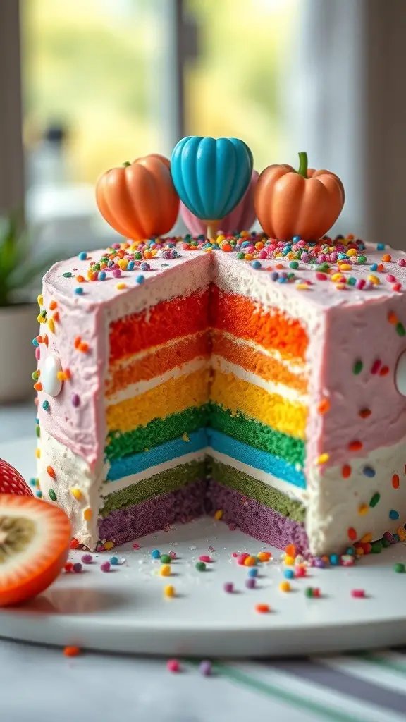 A colorful rainbow layered bento cake with sprinkles and decorative toppings.