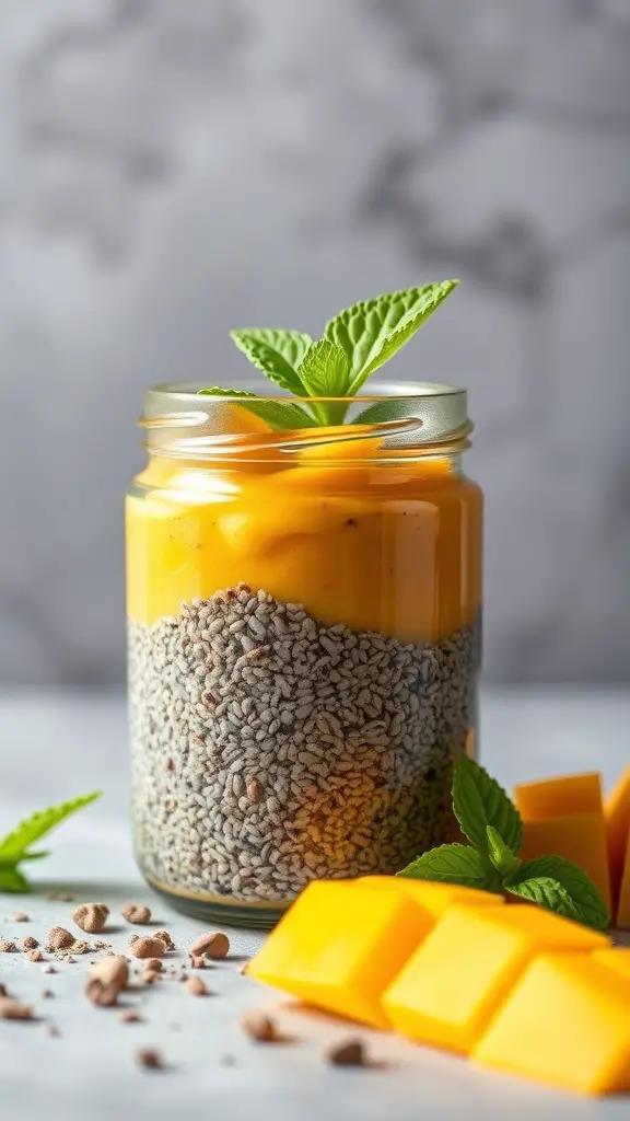 A jar of chia seed pudding layered with mango puree and topped with a mint leaf, with mango pieces beside it.