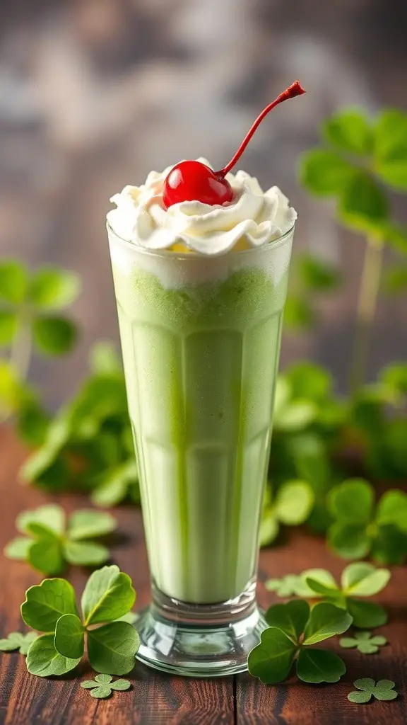 A green Shamrock Shake milkshake topped with whipped cream and a cherry, surrounded by shamrock leaves.