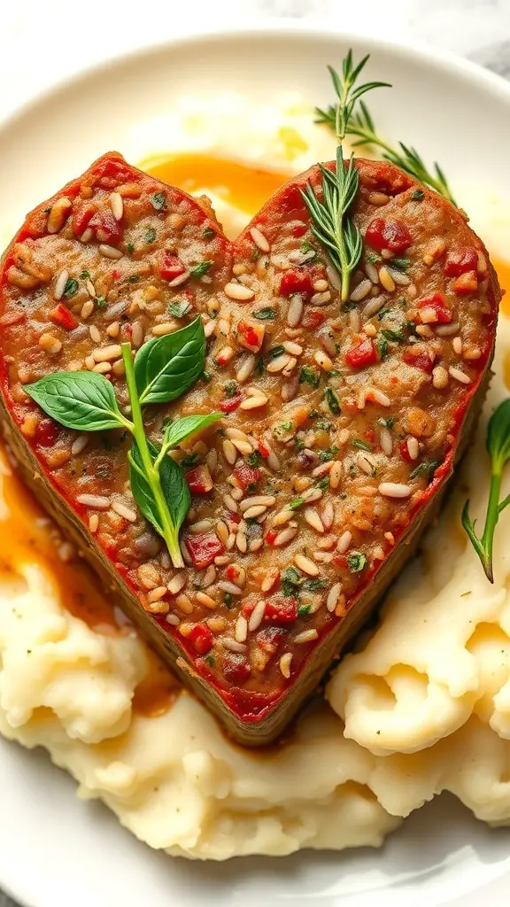 Heart-shaped meatloaf on a plate with mashed potatoes and herbs