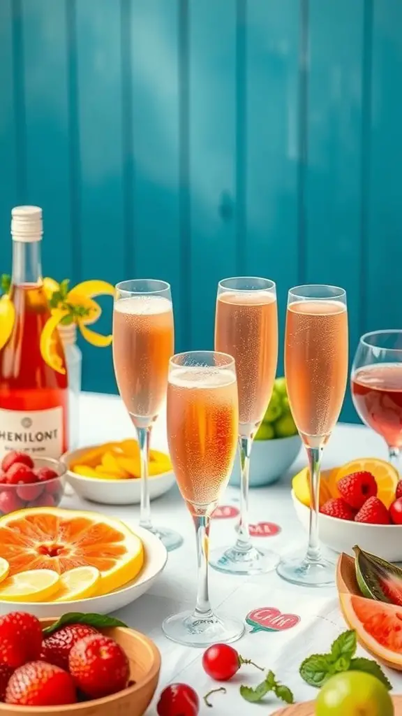 A vibrant display of sparkling rosé mimosas with fresh fruits and garnishes on a brunch table.