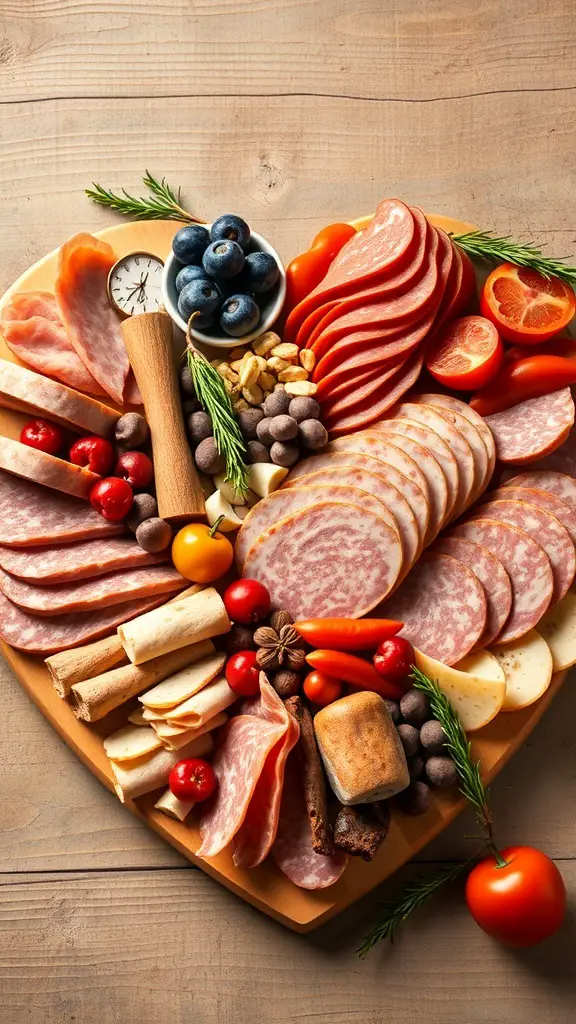 A heart-shaped charcuterie board featuring various meats, cheeses, and garnishes.