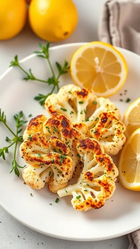 Herb-roasted cauliflower steaks served with lemon slices and fresh herbs