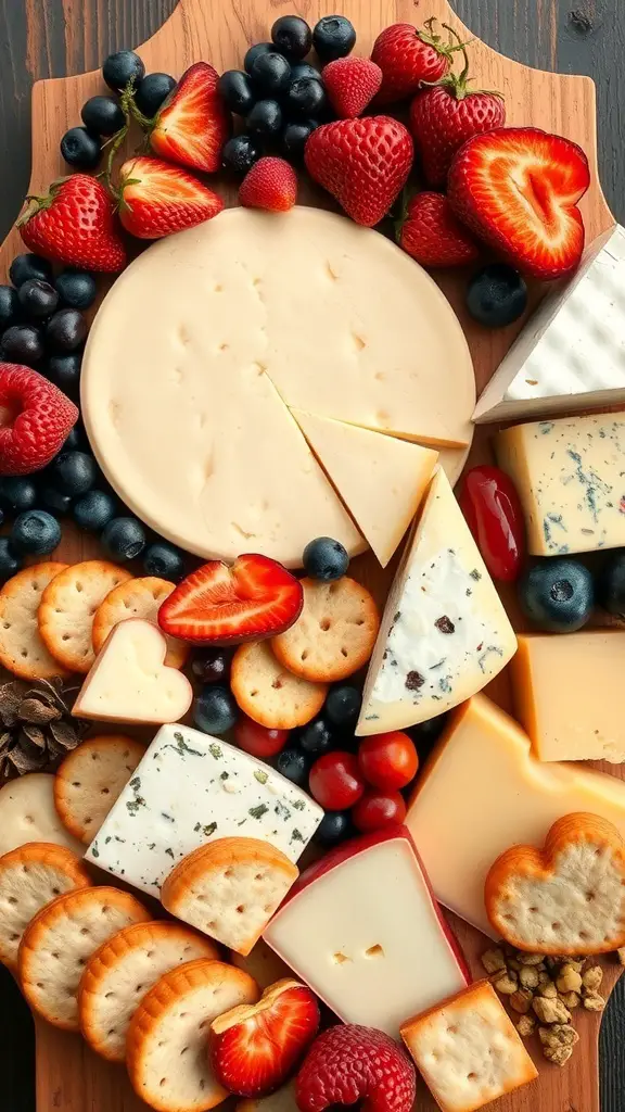 A beautifully arranged cheese board with various cheeses, strawberries, blueberries, and crackers.