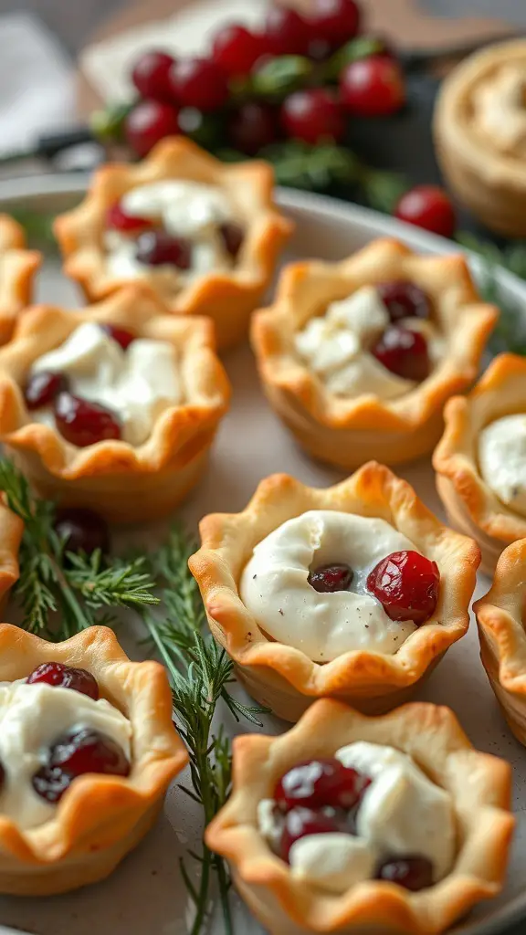 A plate of cranberry brie bites topped with cranberries, surrounded by fresh cranberries and greenery.