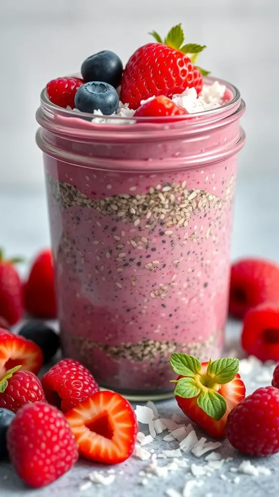 A jar of berry chia seed pudding topped with strawberries, blueberries, and coconut flakes, surrounded by fresh berries.