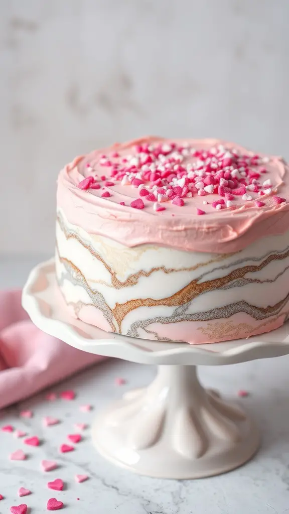 A beautifully decorated marble cake with pink icing and heart-shaped sprinkles on a cake stand.