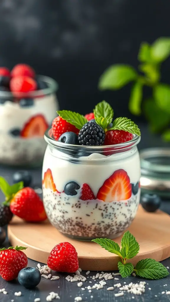 A jar of coconut chia seed pudding topped with fresh berries and mint leaves.