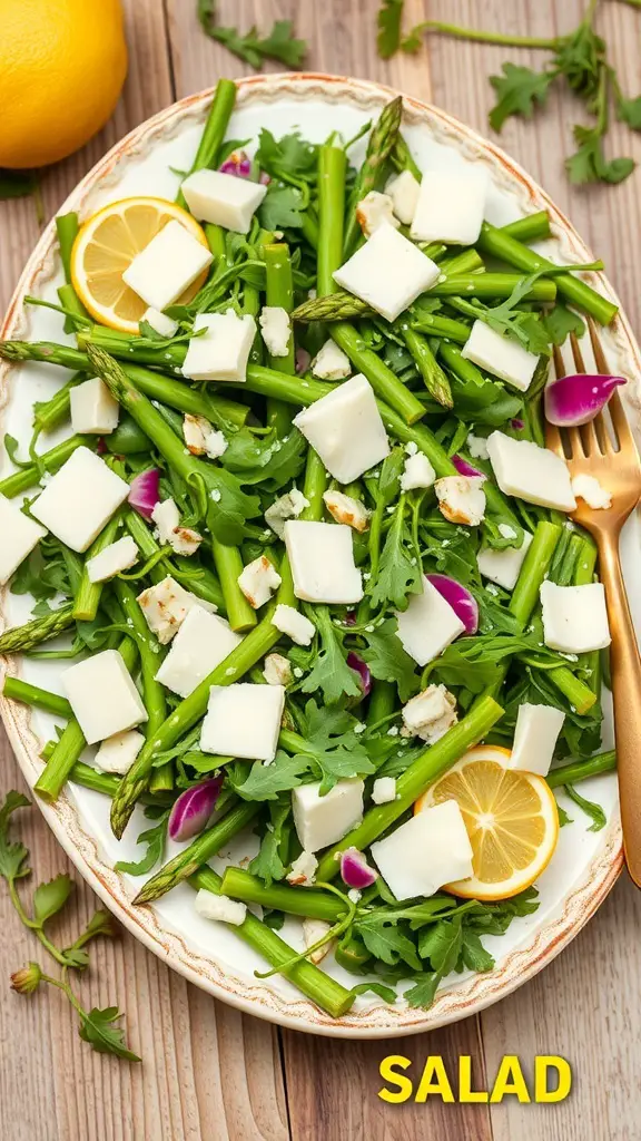 A vibrant Asparagus and Arugula Salad with lemon slices and cheese on a platter.