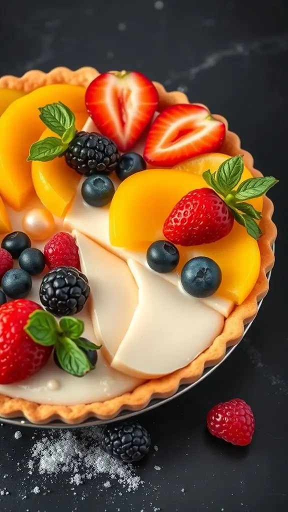 A colorful fruit tart topped with strawberries, blueberries, peaches, and blackberries on a dark background.