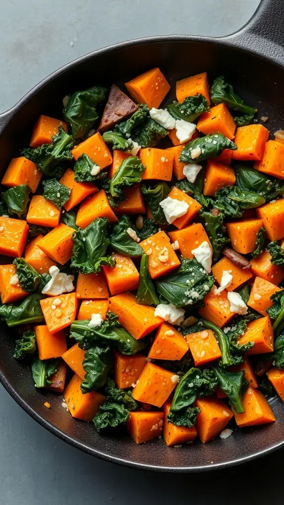 A colorful dish of sweet potato and kale hash in a skillet.