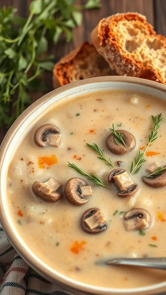 A bowl of creamy mushroom soup garnished with herbs, accompanied by slices of bread.