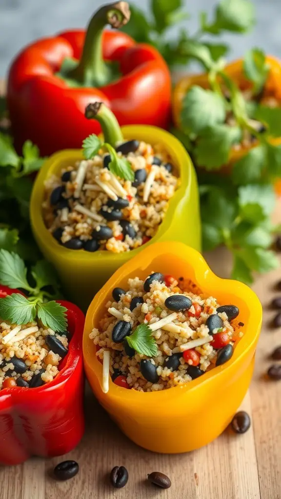 Colorful stuffed bell peppers filled with quinoa and black beans, garnished with fresh herbs.
