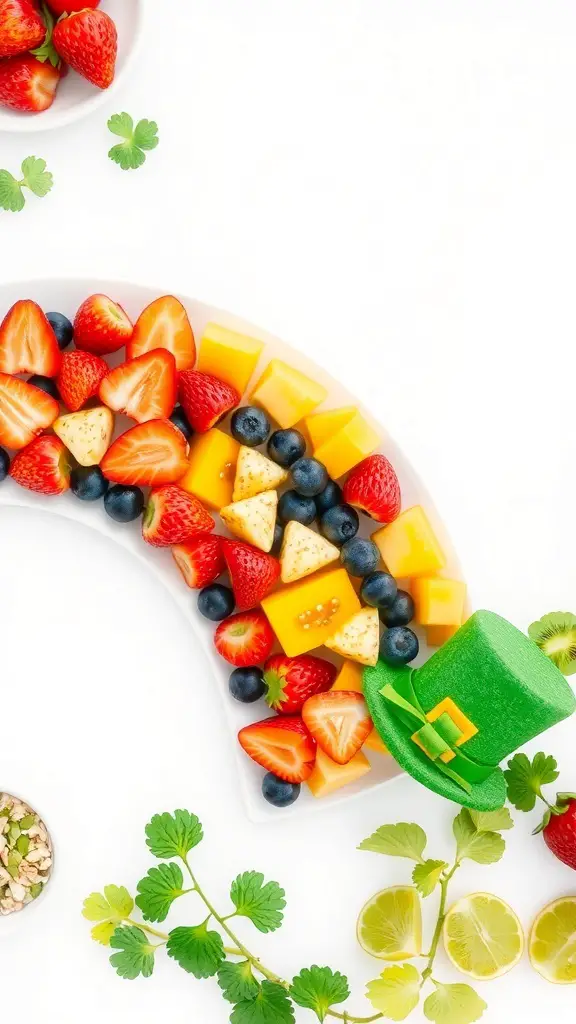 A colorful Leprechaun Fruit Salad arranged in a rainbow shape with a leprechaun hat.
