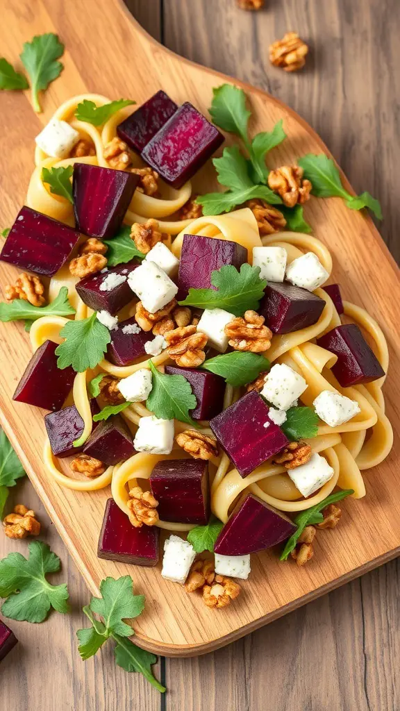 A colorful roasted beet and goat cheese pasta salad with walnuts and fresh herbs on a wooden platter.