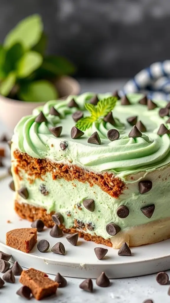 A mint chocolate chip bento cake with chocolate chips and a mint leaf on top.