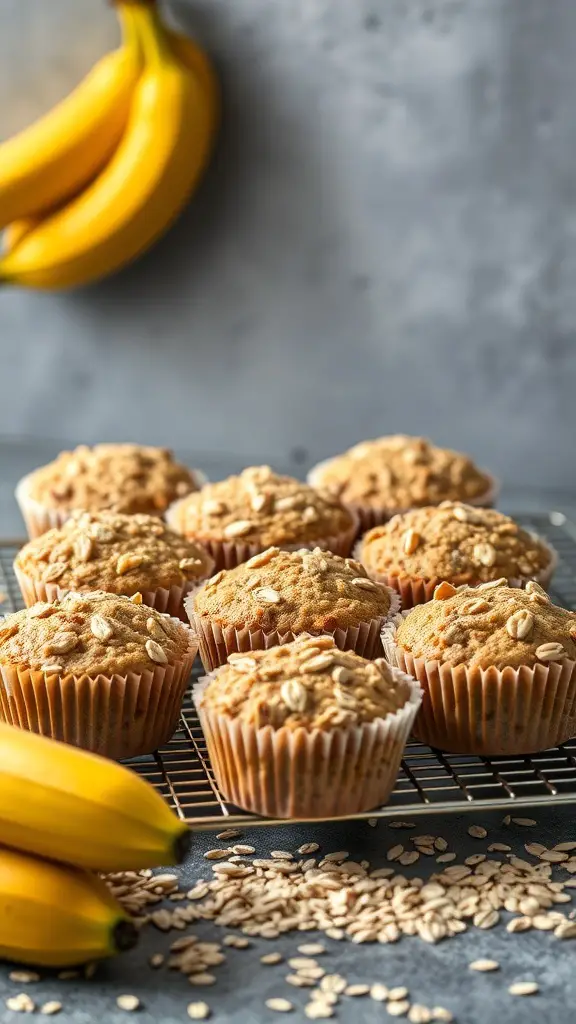 A batch of banana oatmeal muffins on a cooling rack with bananas in the background.
