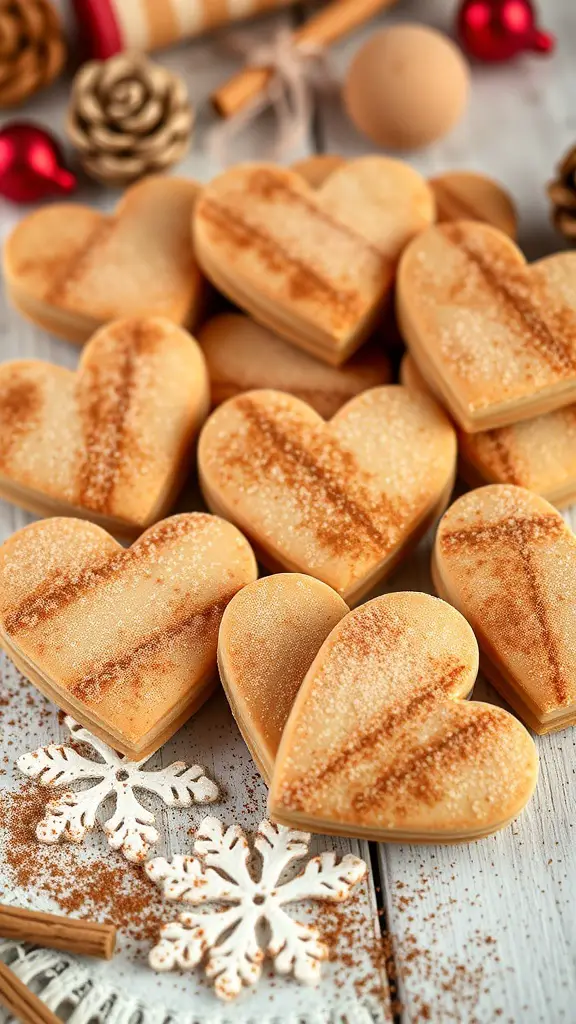 A collection of heart-shaped cookies dusted with cinnamon sugar, surrounded by festive decorations.