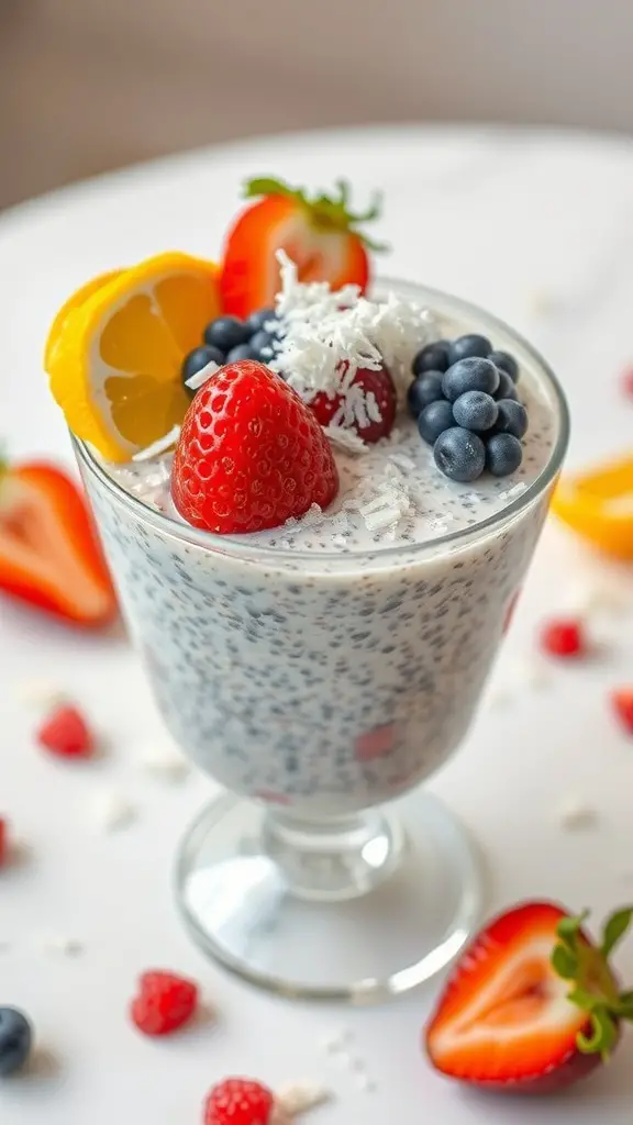 Chia seed pudding topped with strawberries, blueberries, and lemon slices