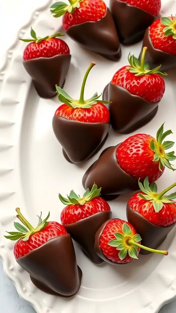 A plate of chocolate-covered strawberries shaped like hearts.