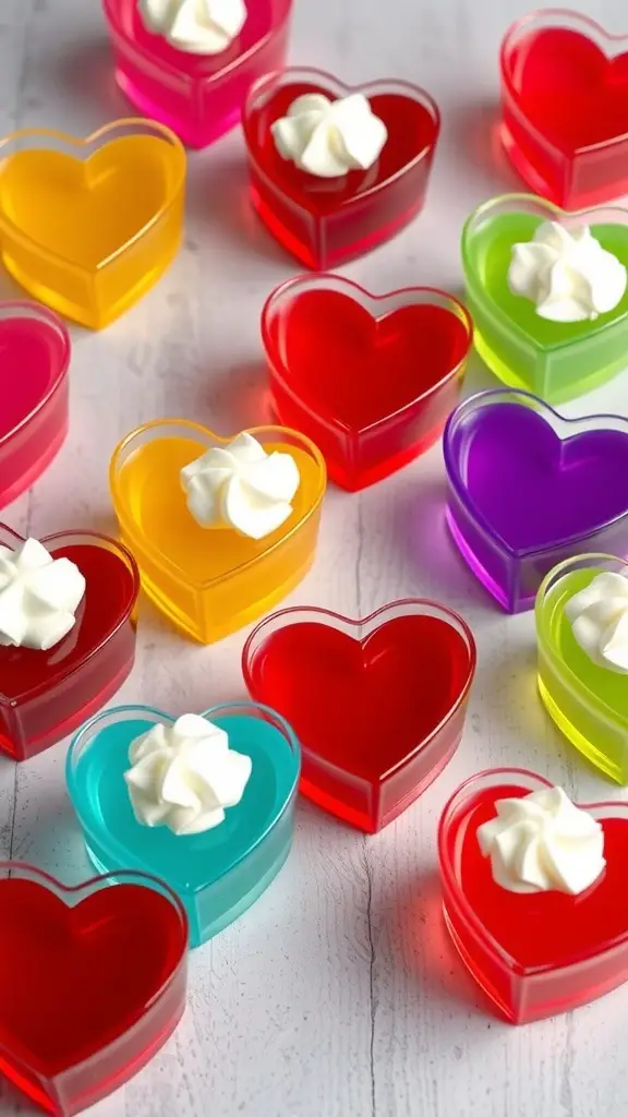 Colorful heart-shaped Jello cups with whipped cream on top