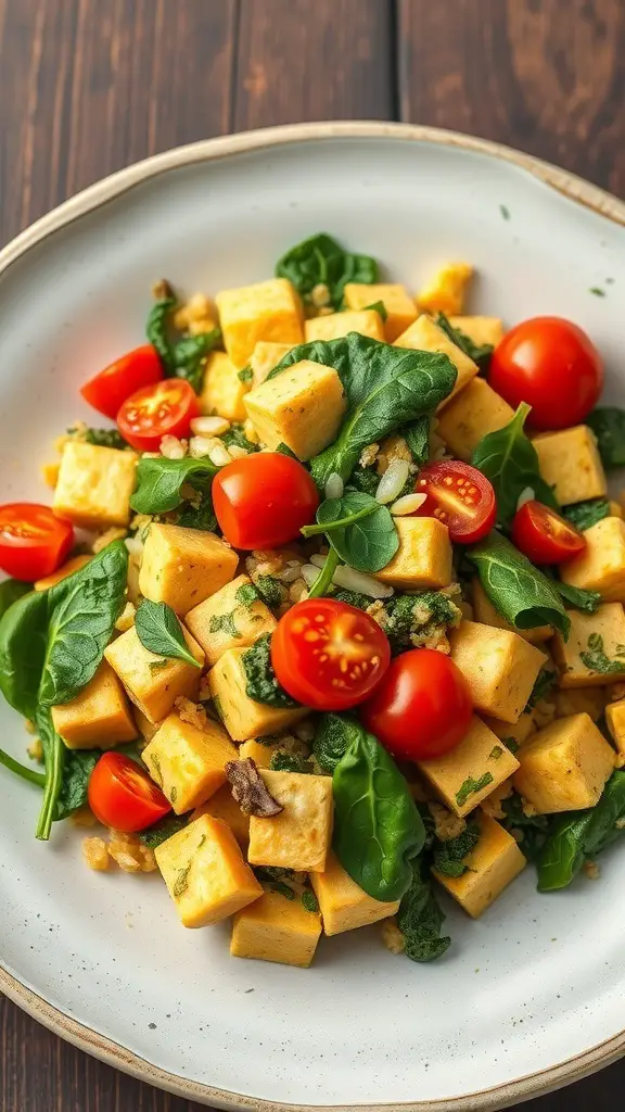 A plate of tofu scramble with spinach and cherry tomatoes.
