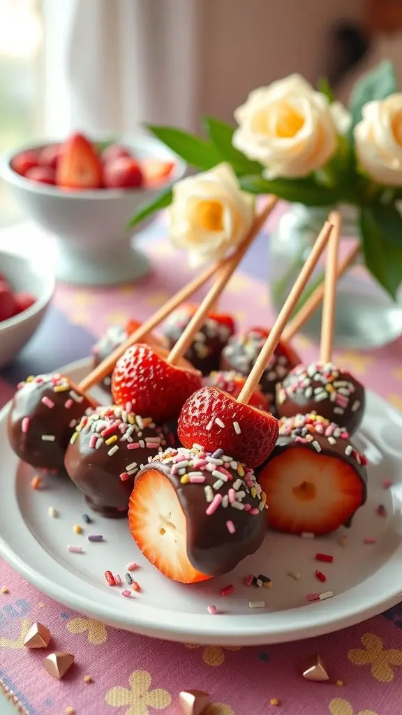 A plate of chocolate-dipped fruit skewers with sprinkles, featuring strawberries and a bouquet of flowers in the background.