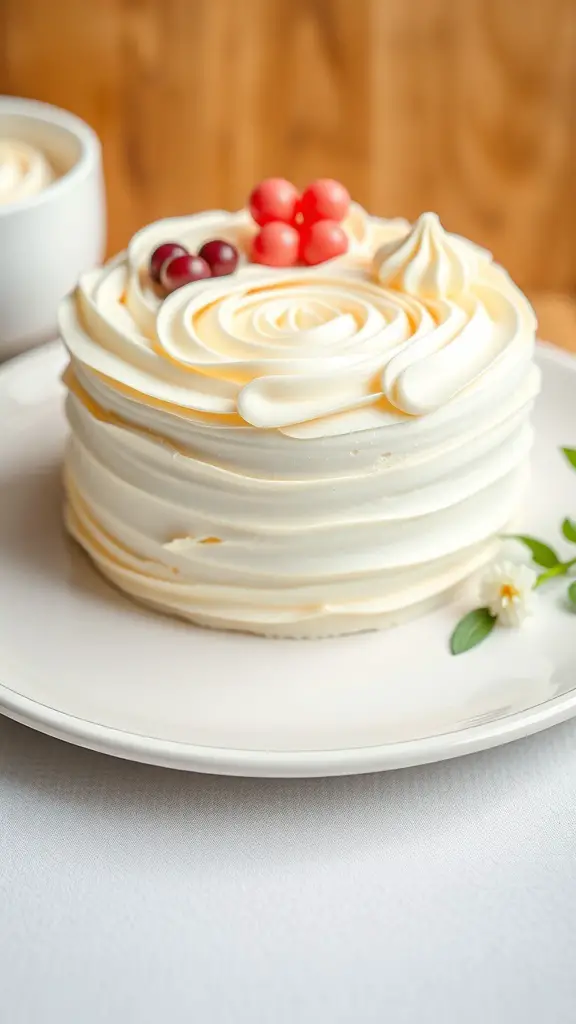 A classic vanilla buttercream bento cake with decorative swirls and colorful berries on top.