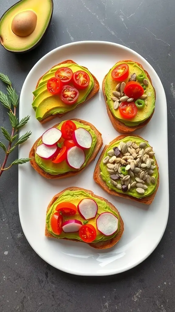 A platter of five variations of creamy avocado toast, topped with cherry tomatoes, radishes, and sunflower seeds.
